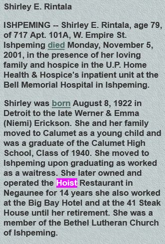 Hoist Restaurant - 2001 Obit For Shirley Rintala